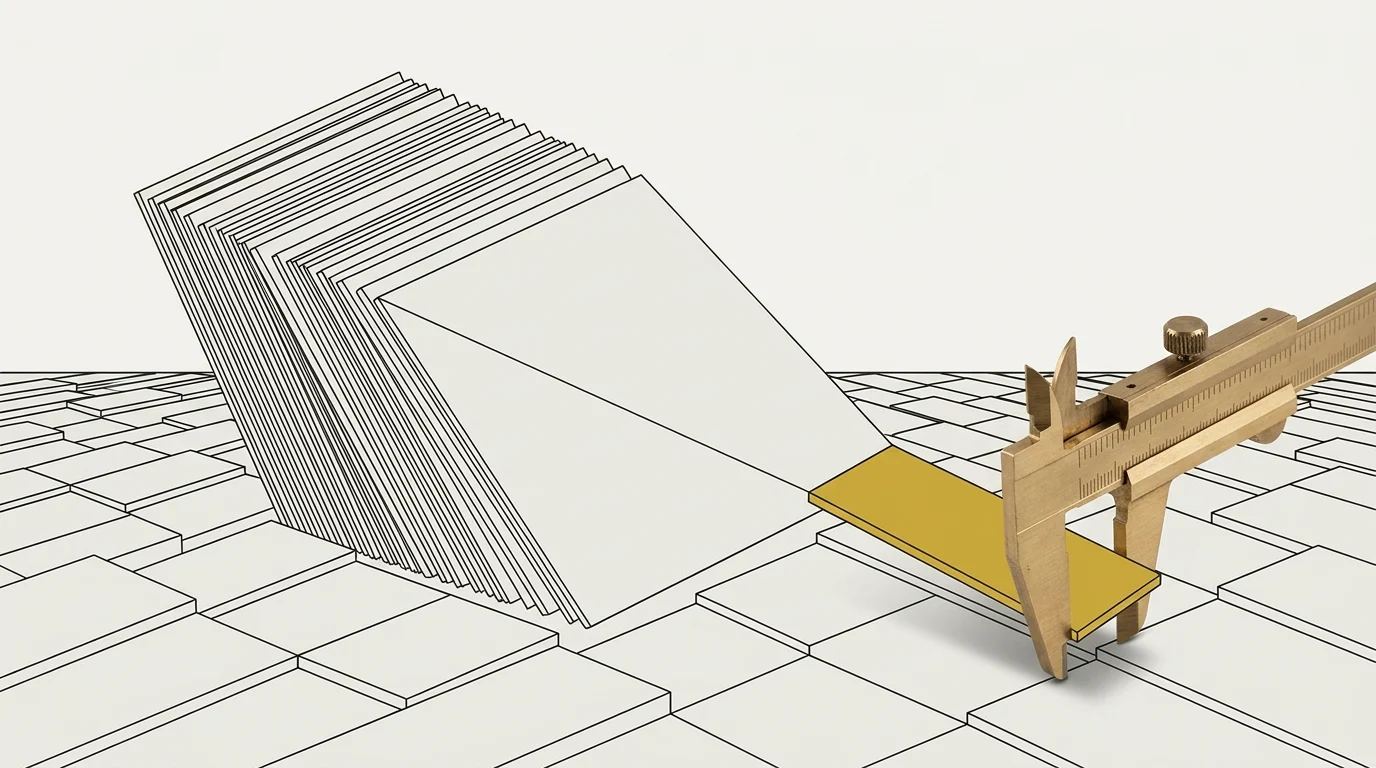 A fanned stack of blank plates tapering down to a single gold plate, held in the jaws of a brass caliper on a tiled plane.