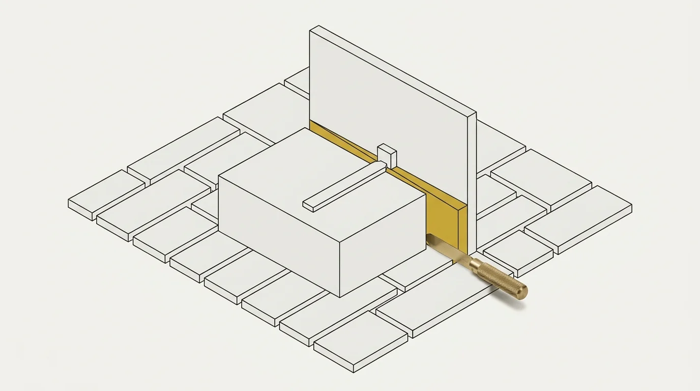 A bone block pressed against a reference wall with a gold gap still open between them, a brass feeler gauge slipped into the gap.