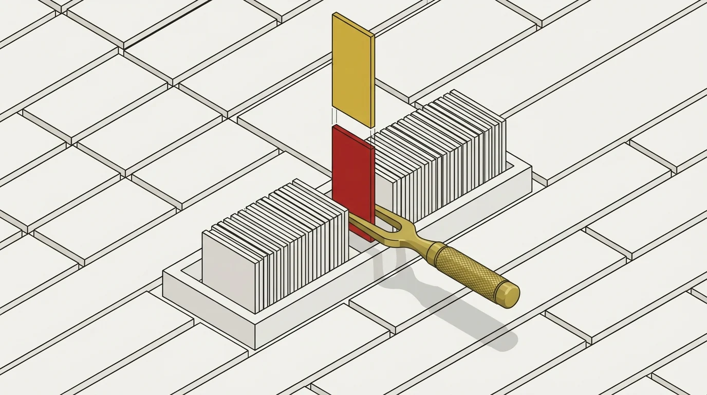 A tray of blank filing slips with one slot standing empty: a red slip drawn out in the fork of a brass extractor, a gold slip descending into its place.