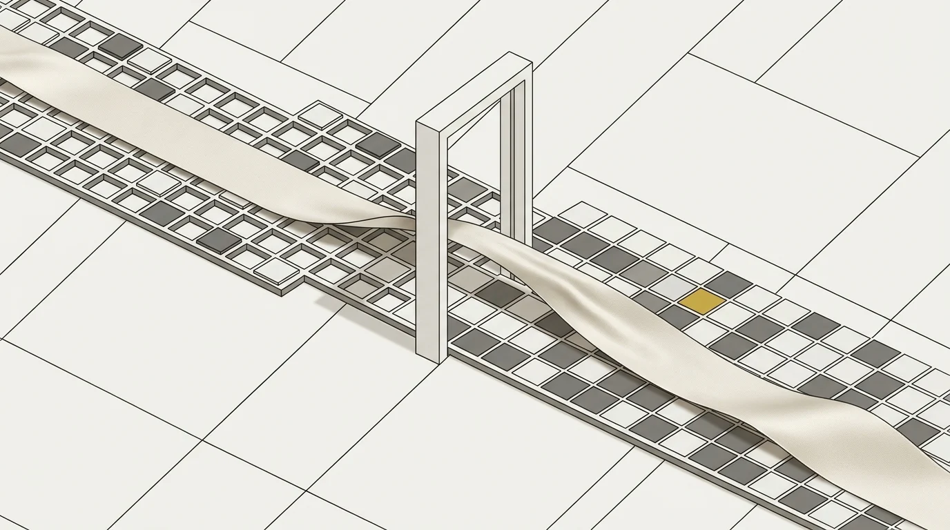 A lattice of square cells, loose and full of holes on one side of an upright frame and densely packed on the other, with a satin ribbon drawing tight as it passes through.